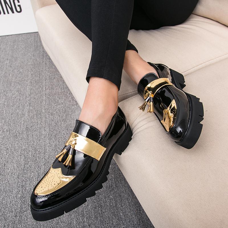 Fashion Golden Men's Casual Slip-On Tassel Patent Loafers Thick Bottom Elevator Shoes Men's Party Shoes Business Shoes Brogue