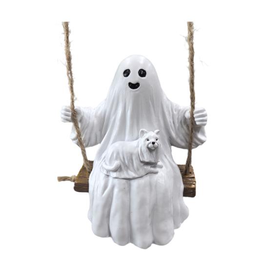 Halloween Swing Ghost Statue Resin Ghost Dog Witch on A Swing Figurine Outdoor Tree Hanging Ornament for Garden Patio Lawn Yard Decor