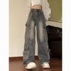 Vintage Washed Multi-Pocket Cargo Jeans for Women High Waist Streetwear Loose Wide Leg Trendy Designer Denim Trousers