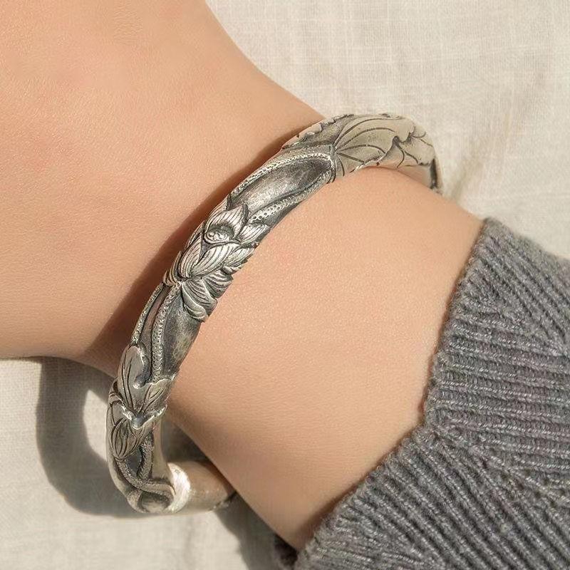 Brățară Lotus Argint Embosat cu Deschidere, Brățară Stil Etnic pentru Femei, Brățară Retro Solidă Rotundă, Temperament