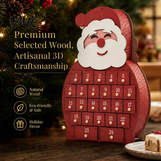 Christmas Advent Calendar Wooden Santa Snowman Calendar, 24-Day Countdown Box with Shop Window Display Numbered Drawers, Tabletop Decor, Candy