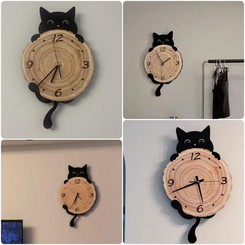 Black Cat Wall Clock Non-Ticking Hanging Clock Creative Wall-mounted Clock For Modern Decoration