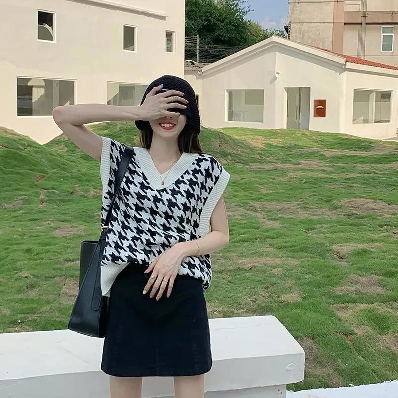 Dame Genser Vest Høst Houndstooth Rutete V-hals Ermeløs Strikket Vintage Løs Oversized Dame Genser Vest Dameklær