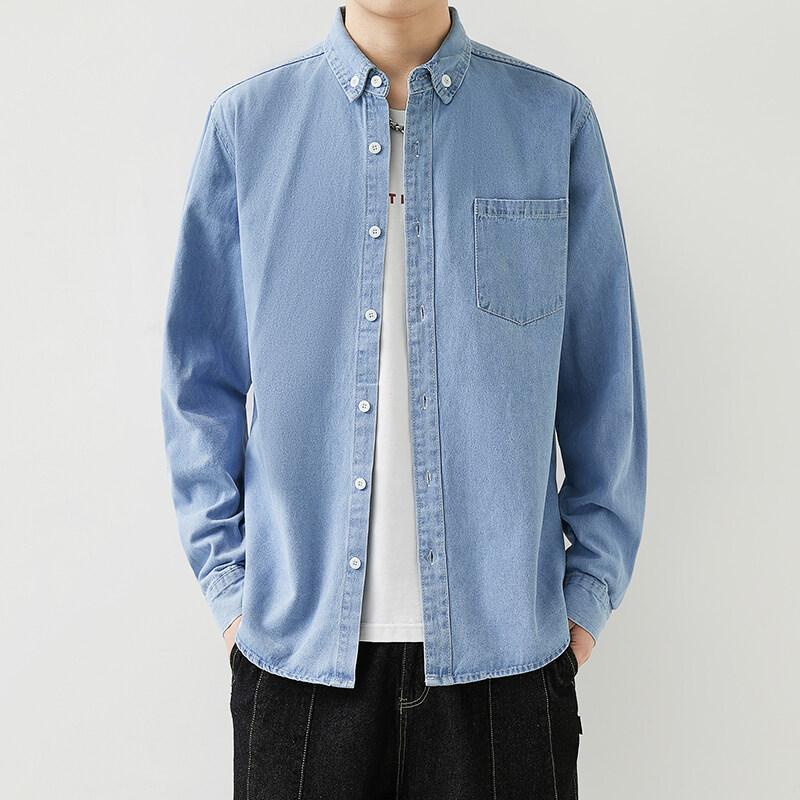 

2026 Men Spring Auntum Denim Shirt Mens Long Sleeve Cotton Thin Slim Jeans Cowboy Shirts Male Soft Comfortable Tops 4Xl M светло-синий