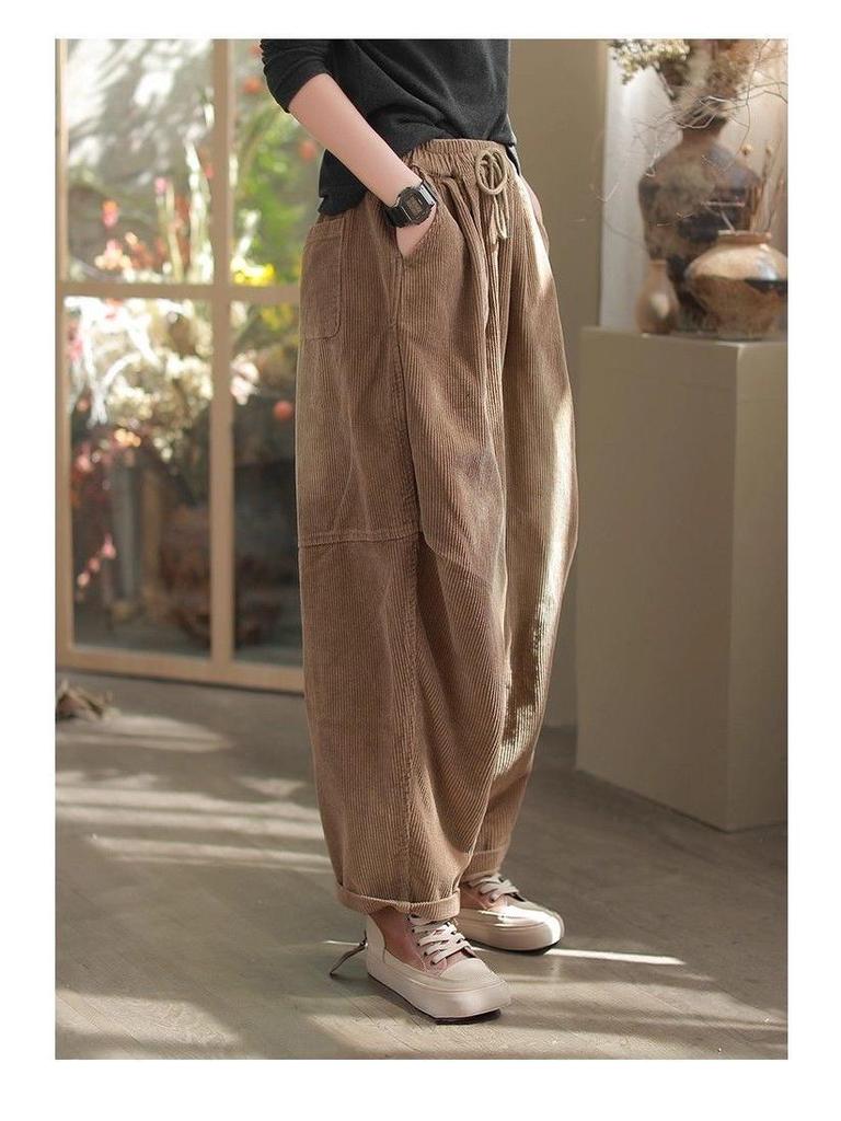 Women's Retro Corduroy Harem Pants - Elastic Waist, Lace-up, Patchwork, Plus Velvet, Thickened for Spring/Autumn