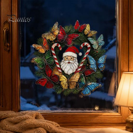 Bathroom Glass Decoration Christmas Wreath Window Sticker, Stained Style, Removable Santa Butterfly Candy Static Clings Cane Decal, PVC Cling for Home