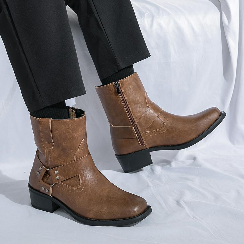 Fashion Square Toe Boots Men PU Solid Color Low Heel Comfortable Non Slip Classic Business Casual Men Short Boots