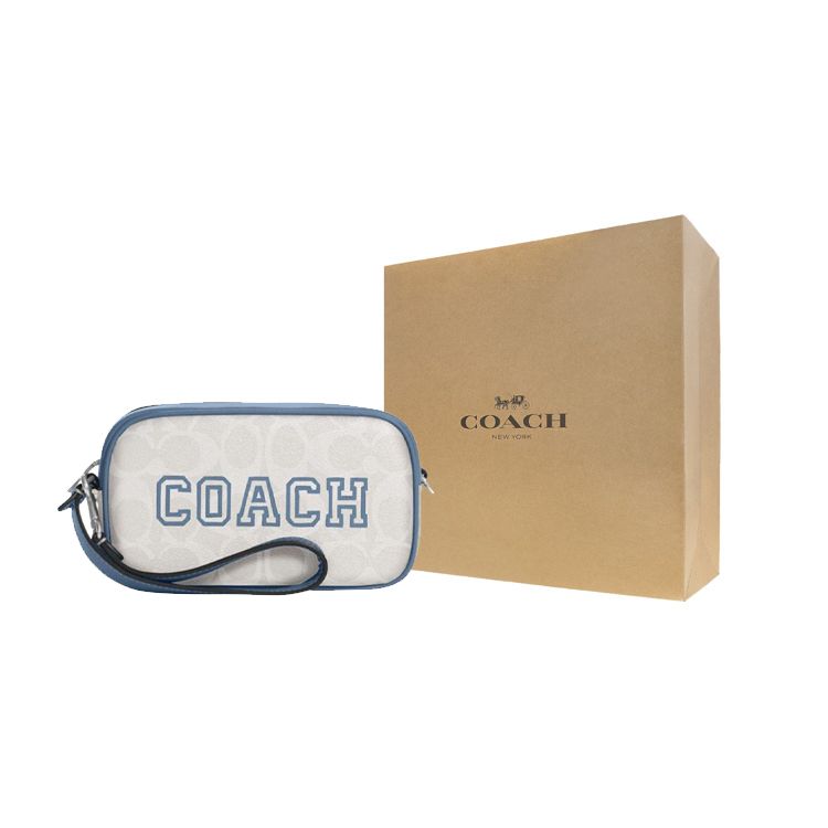 Coach Jamie 18 Classic Monogram Print Double Card Slot Zipper Closure Wristlet Women Wristlet Chalk-White Indigo CB851-SVUOB