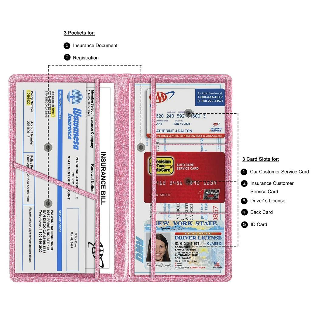 PU Leather Glittering Card Holder Car Insurance Document Protector Registration Certificate Wallet Organizer
