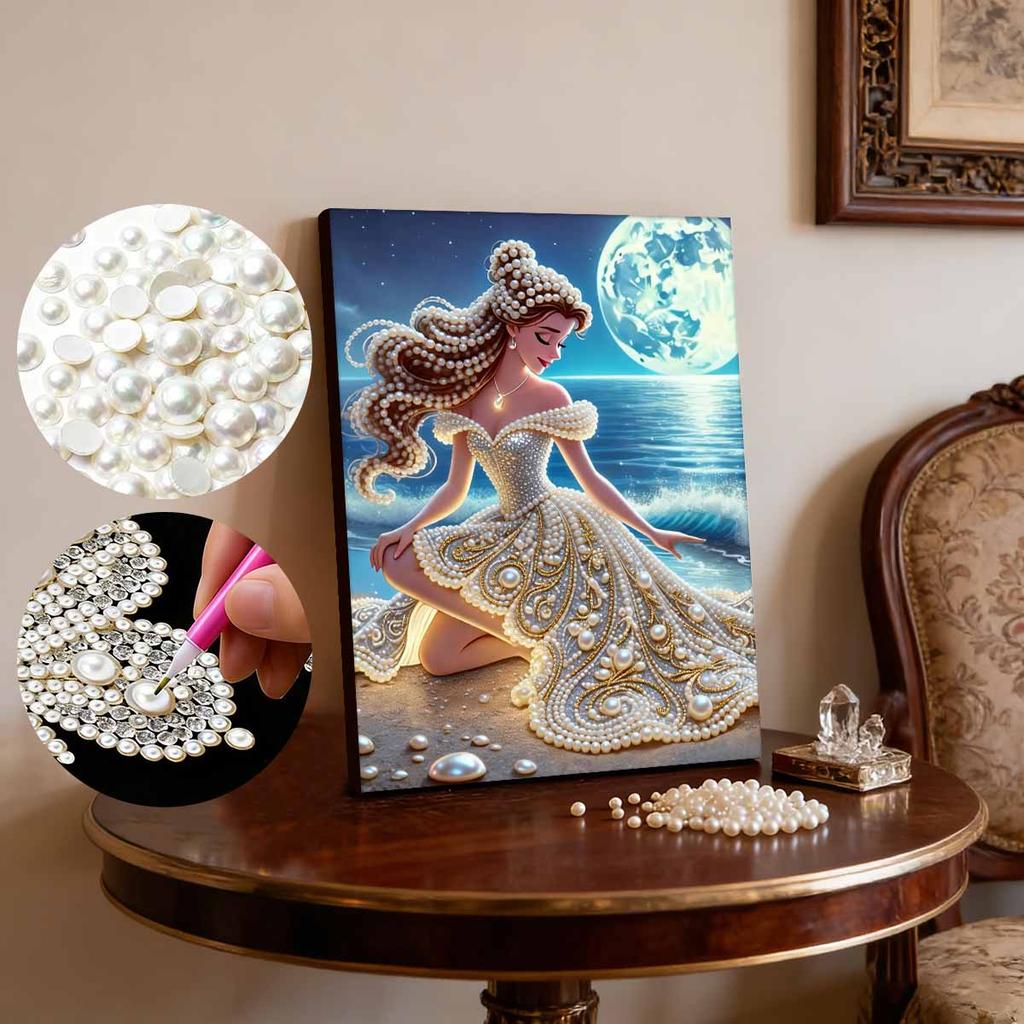 Ocean Princess Series Pearl Effect Frameless Art | Moonlit Sea & Shell Luxury Accents | Atmospheric Wall Art for Modern Home & Gallery