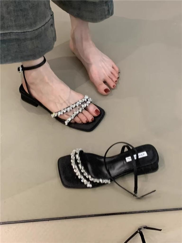 Soft fairy sandals female 2025 summer French temperament socialite rhinestone open toe thick heel Roman sandals