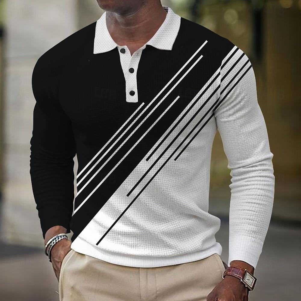 2025 Fashion Men's Geometic Line Long Sleeve Polo Shirt Breathable Casual Line Top Slim Fit Quick Dry Classic Collar Multi Color