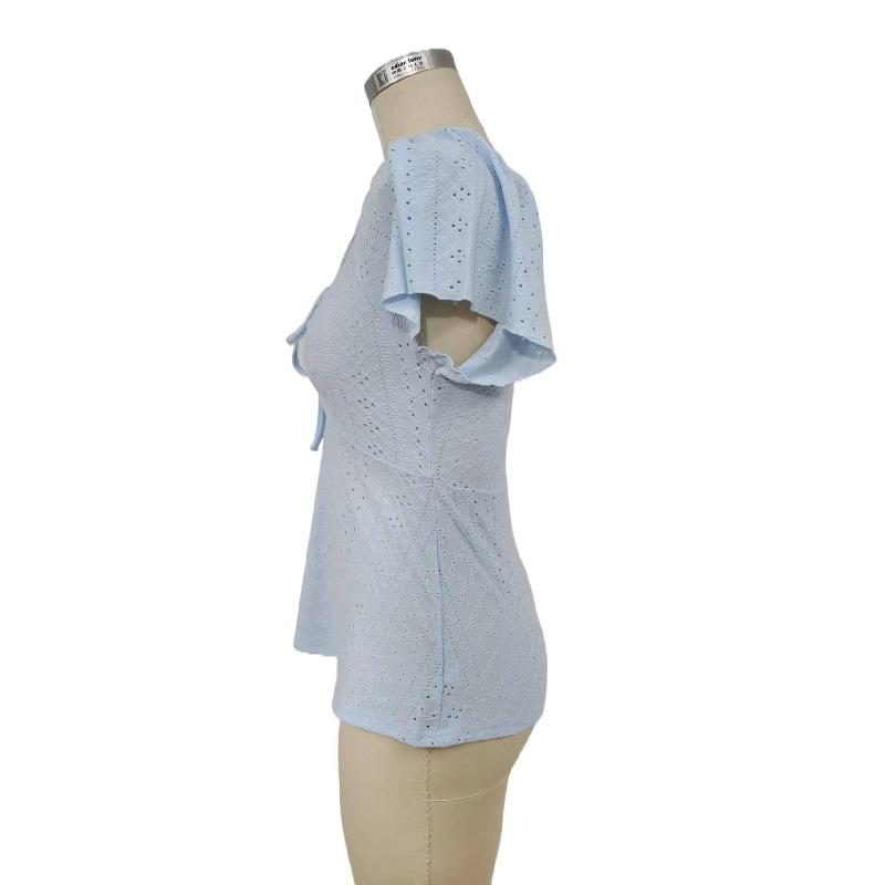 2026 Summer New V-neck Drawstring Tie Sexy Short Sleeve Solid Color Women's T-shirt