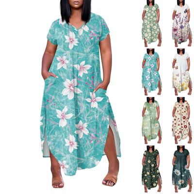Women Floral Maxi Dress Summer Casual Short Sleeve Dress Sundress V-Neck Long Dresses With Pockets Beach Vacation
