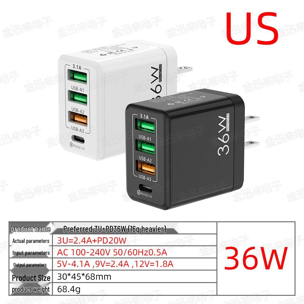 36W Multi-Port Charger with 3A+1C Ports, UK Standard, High-Power 3.1A Flash Charging