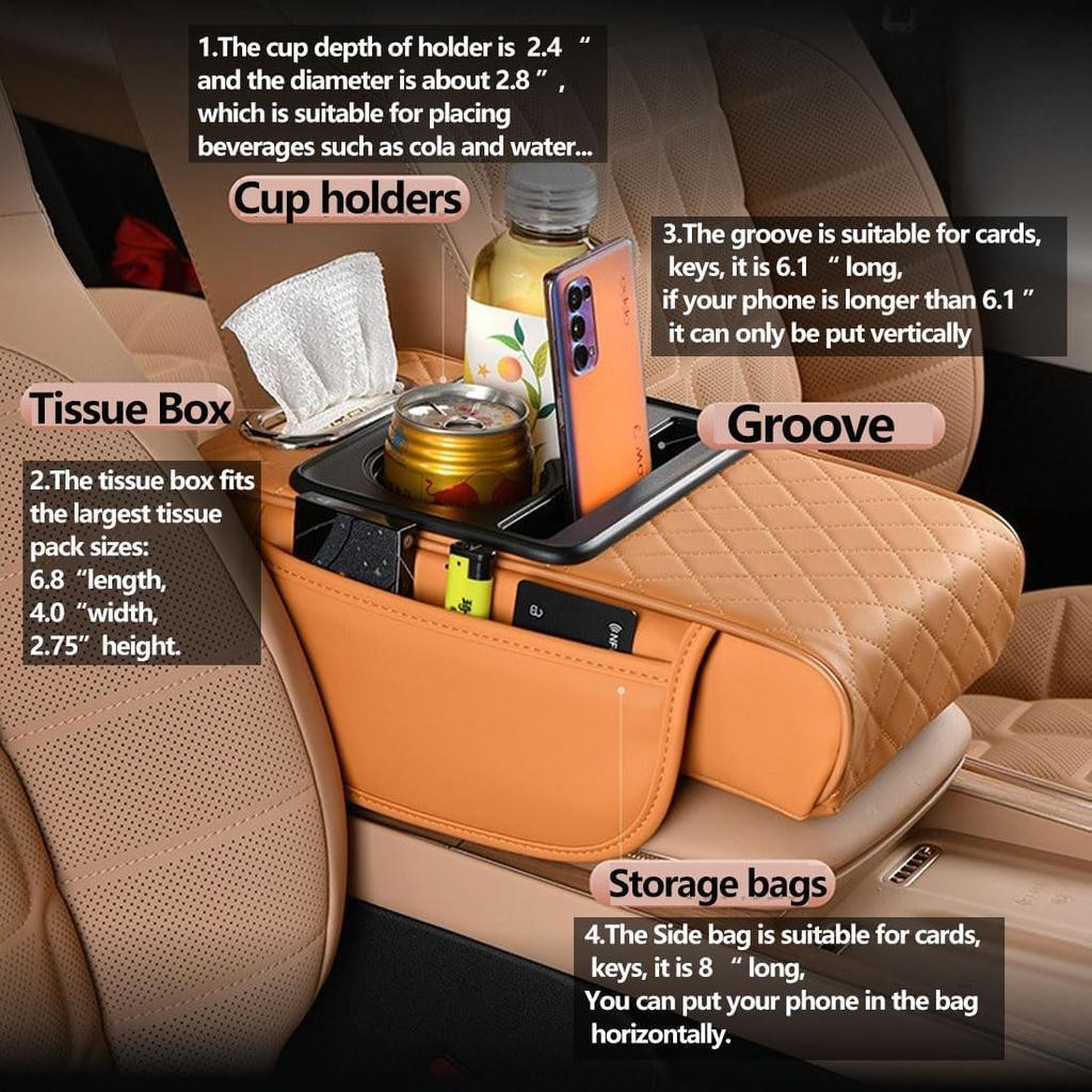 Car Armrest Cushion for SUV with Cup Holder 2.75" Height,5-in-1 Center Console Cover with 2 Storage Bags, Tissue Box Slot, Phone Slot for Sedans, Car