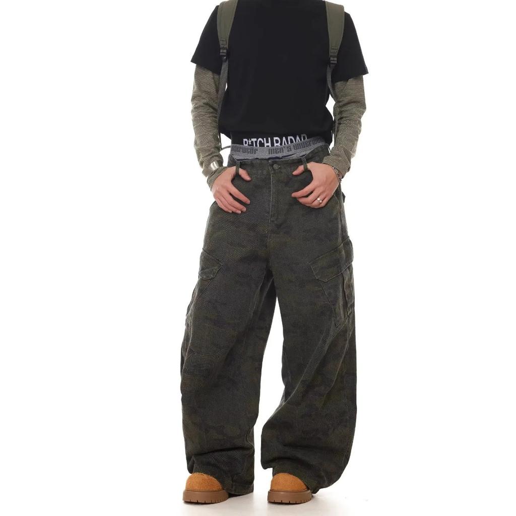 STREETRICH American Retro Multi-pocket Camouflage Silhouette Scimitar Jeans Niche Baggy Wide-leg Sickle Casual Pants Hoodies Men's Clothing