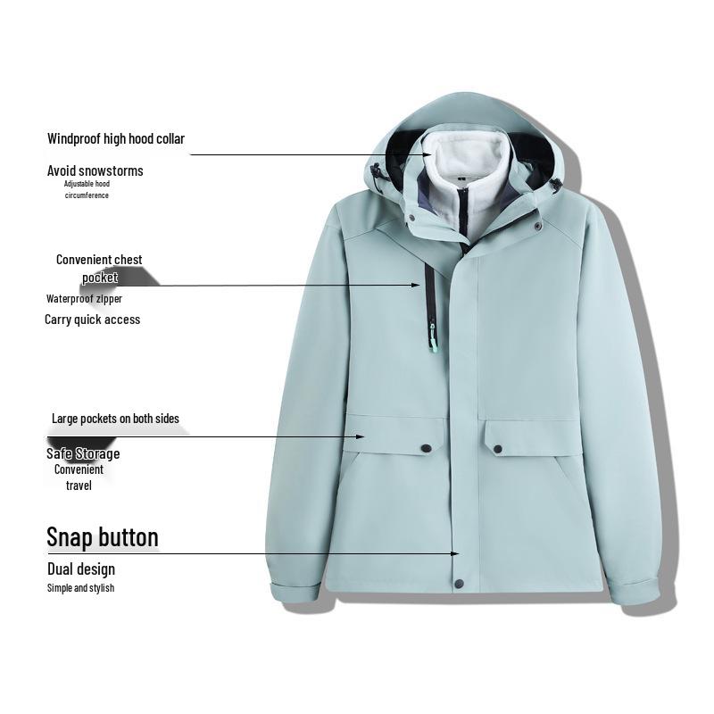 Unisex Waterproof & Windproof Hooded Fashion Storm Jacket, 3-in-1 Design for Outdoor Sports