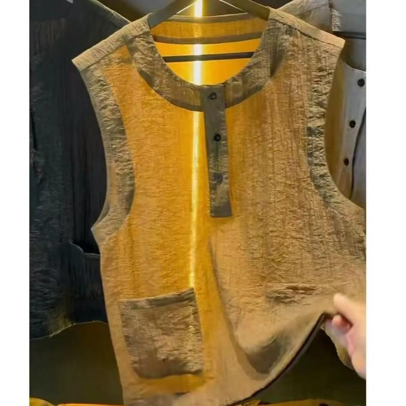 Men s Summer Casual Sleeveless Henley Vest Lightweight Textured Cotton Linen Top M хаки