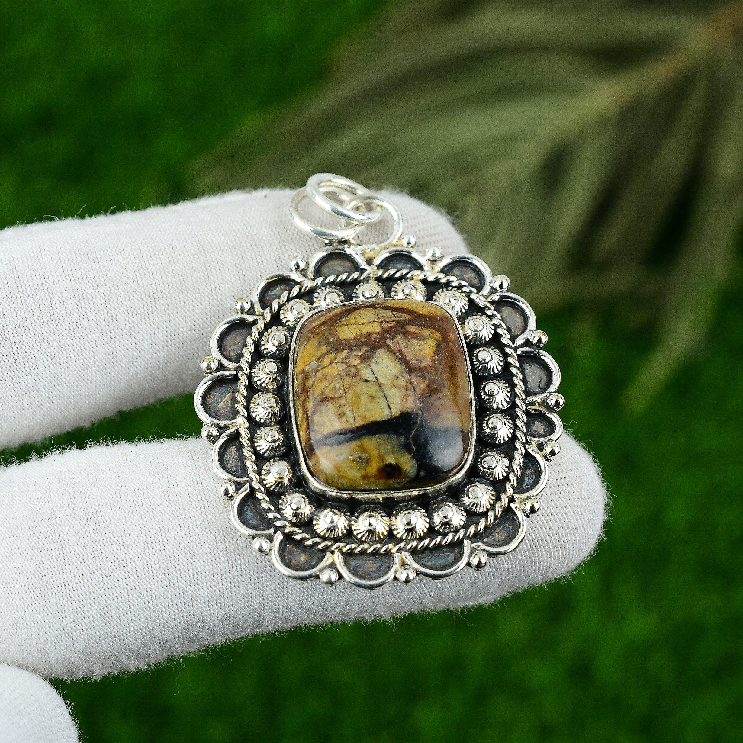 

Натуральная яшма пикассо 925 стерлинговое серебро безель мать арт-деко этнический кулон ювелирные изделия