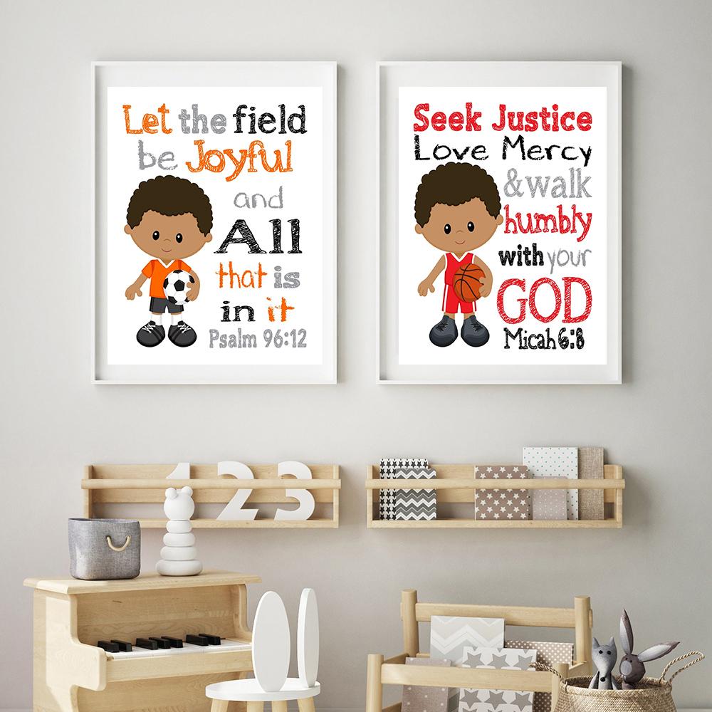 Bible Verse Posters and Prints African American Sports Christian Wall art Canvas Painting Nursery Pictures For Kids Room Decor
