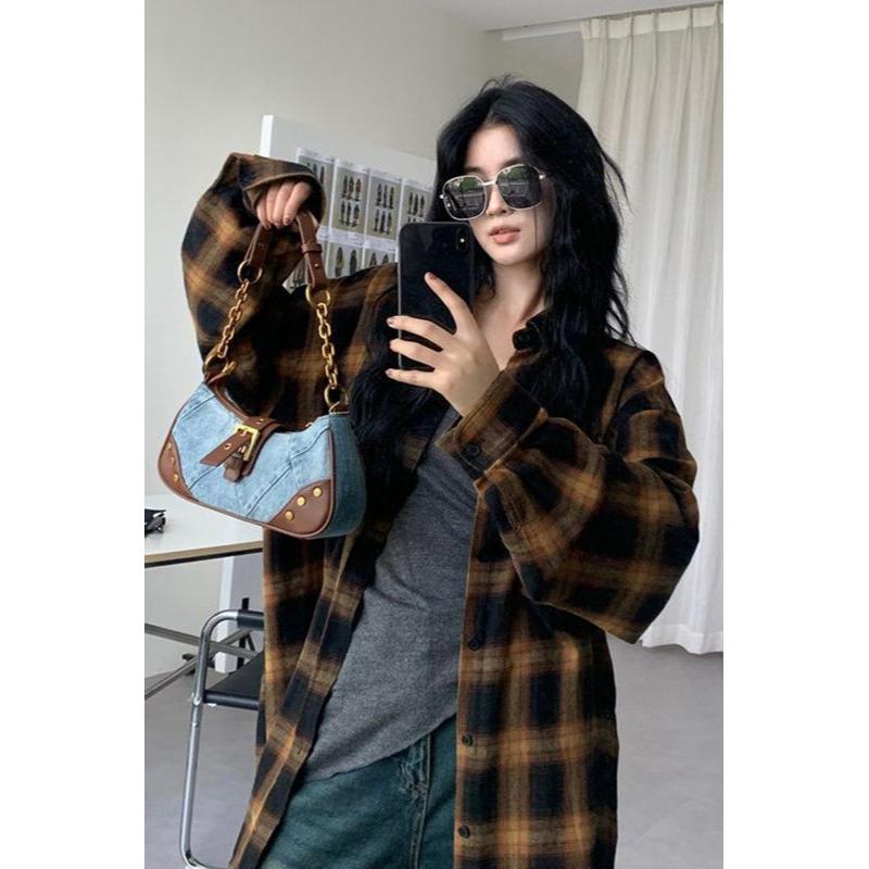 

Retro Plaid Women s Spring and Autumn Loose Vintage Shirt Jacket L коричневий