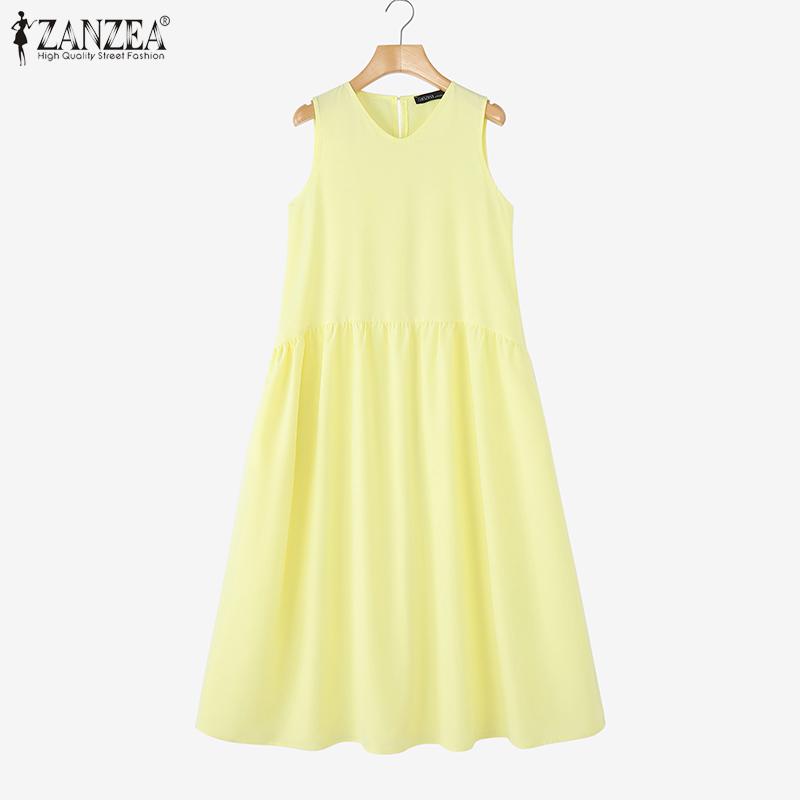 ZANZEA Dámské letní kulatý výstřih volné ležérní bez rukávů šaty