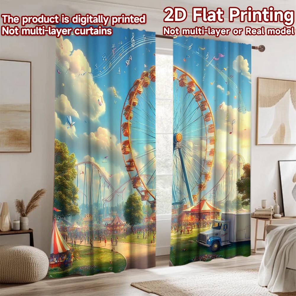 2D Flat Printing 2pcs Curtains Bright Music Carnival Ferris Wheel Digital Printed Polyester Drapes Family Party Use for New Year