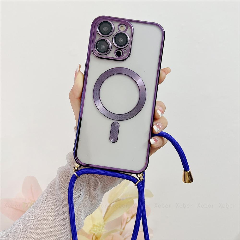 Crossbody Necklace Lanyard Magnet For Magsafe Wireless Charging Case For iPhone 17 16 15 13 12 11 14 Pro Max Plating Clear Cover