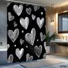 1pc Black and white heart-patterned shower curtain, polyester fabric, machine washable, suitable for bathroom décor.