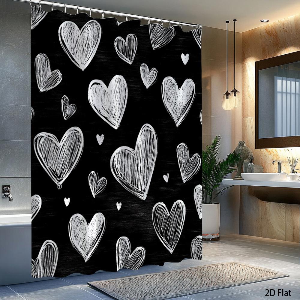 1pc Black and white heart-patterned shower curtain, polyester fabric, machine washable, suitable for bathroom décor.