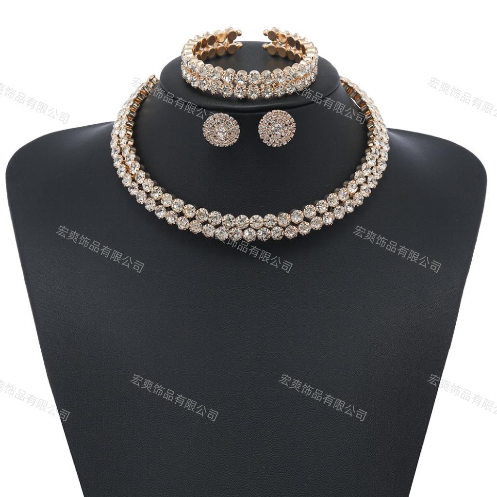1/2 Row Rhinestone Gold and Silver Set Collar Earrings Bracelet High-end Atmosphere