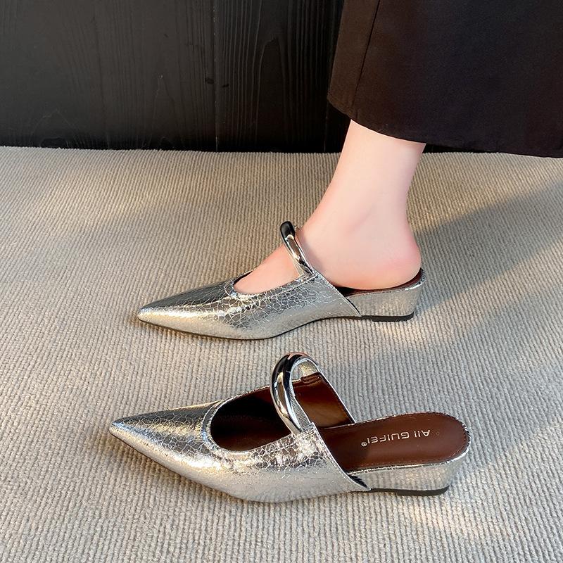 Soft Sole Heightened Metal Buckle French Bag Head Half Slippers Women's Summer Wear 2025 Slope Heel Pointed Muller Shoes Sandals Tide