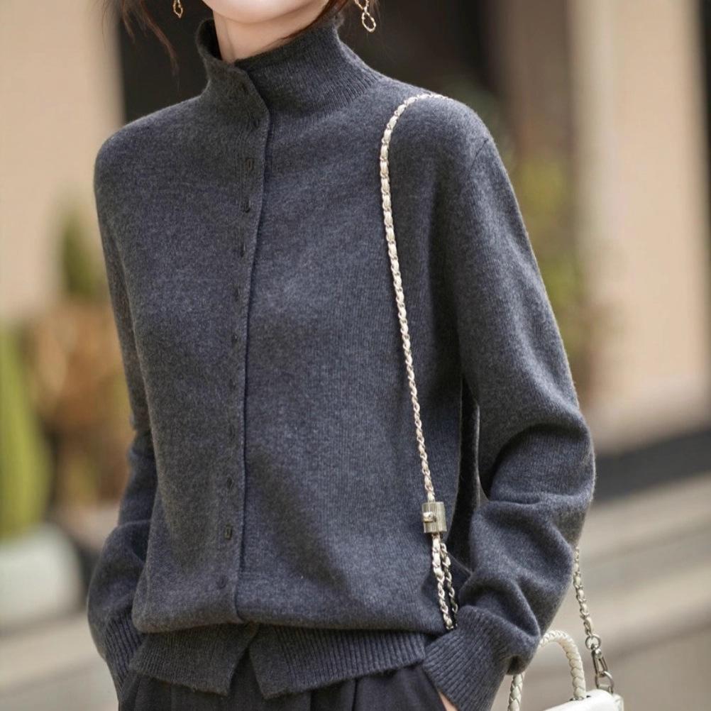 2025 French Style Grey Slimming Half-High Collar Knit Cardigan