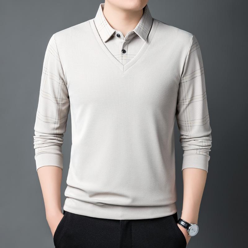 Pánská ležérní pletená košile s dlouhým rukávem a fleecovou podšívkou, vyšívaná kostka, vzhled vrstvení, klopový límec, mírně pružná tkanina na podzim/zimu