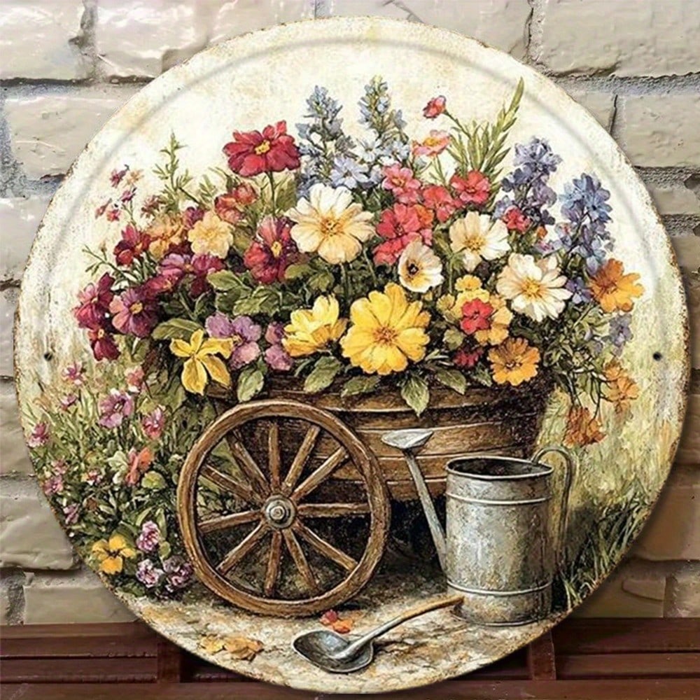 

Vintage Aluminum Wall Sign 8x8 Inch Floral Watering Can and Wagon Wheel Decor Home Art 20x20 різнокольоровий