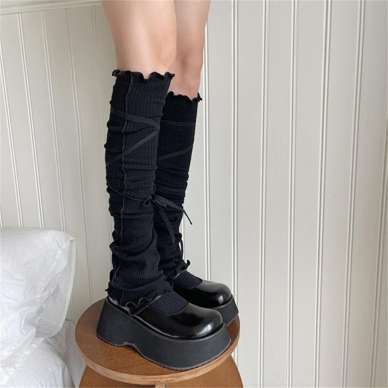 Japanese Ribbed Thigh High Leg Warmers Lace Up Bandages Over Knee Flared Leg Covers Ruffle Trim Footless Socks for Women