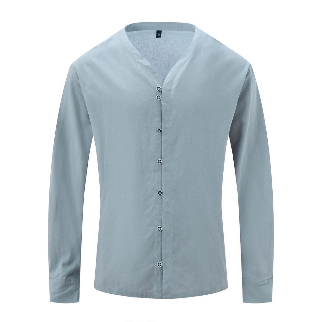 Camicie da Uomo Collo Alto 7 Bottoni Camicia Manica Lunga Tinta Unita Cotone Vintage Taglie Forti Top