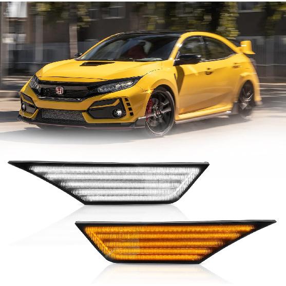 D-Lumina Switchback LED Side Marker Lights for 2016-2021 Honda Civic 10th Gen Civic Coupe Hatchback Sedan Type R Smoked Lens Front Bumper Side