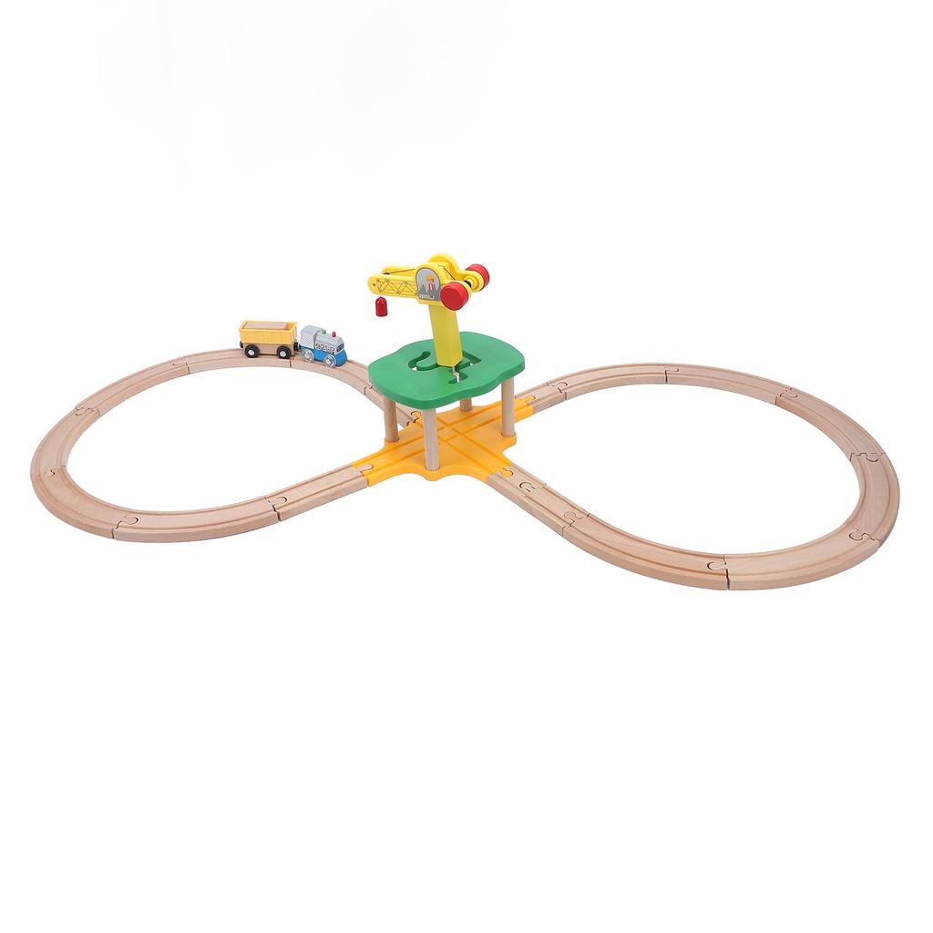 Tower Crane Wooden Train Track Set with Straight Curved Tracks Building Blocks Wooden Railway Set