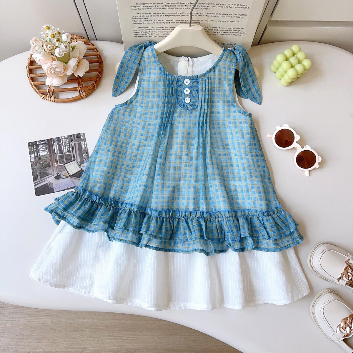 Korean Plaid Skirt & Bow Sleeveless Dress for Girls - Summer Style BXC055 Size 130