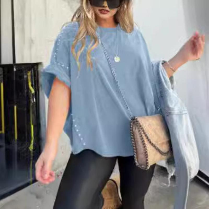 DAFIFY Women's Fashion Casual Summer Spring Solid Color Print Short Sleeve O-Neck Blouses & Shirts