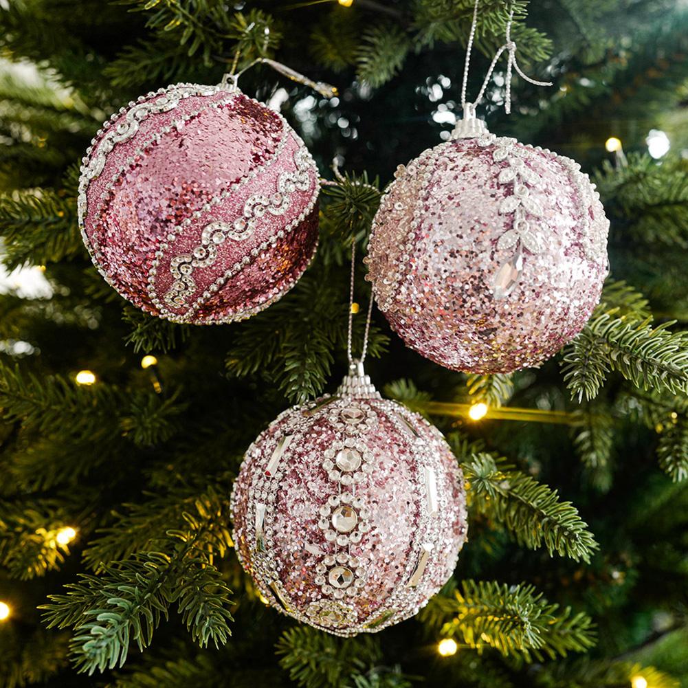 Pink Ball Star Bow Christmas Tree Pendant Creativity Plush Foam Christmas Deco Ball Luxury Sparkly Xmas Home Hanging Decoration