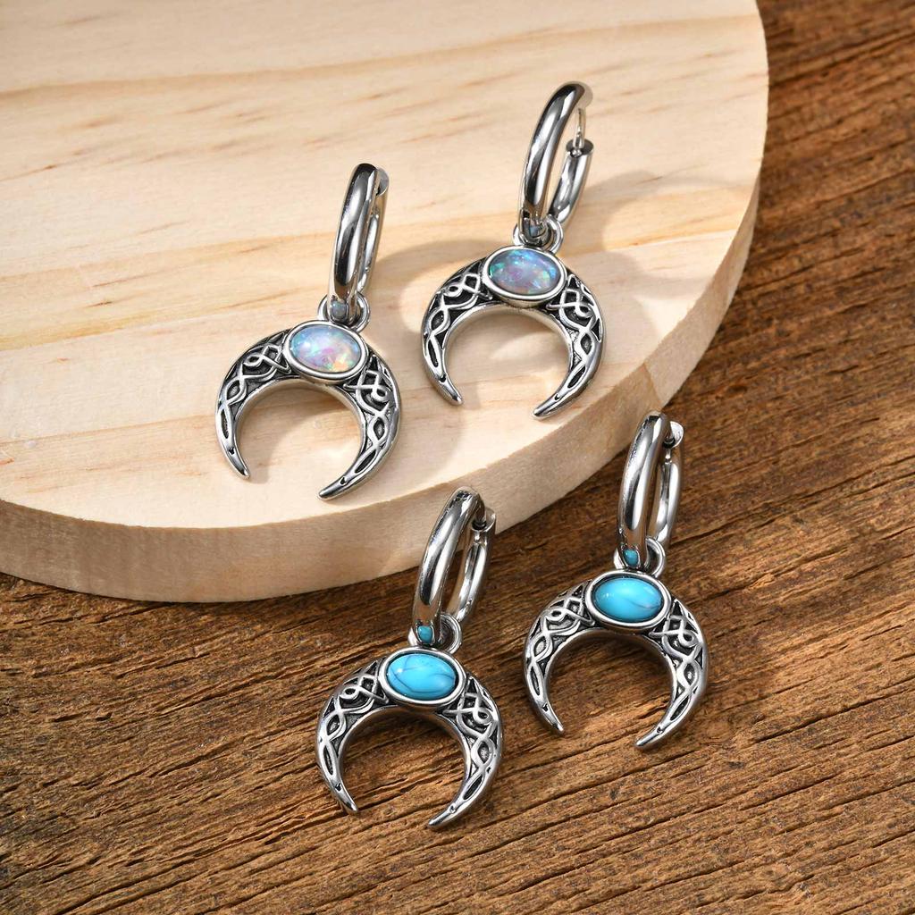 Vnox Stainless Steel Moon Hoops Earrings for Men Women, Retro Dangle Charm Earrings with Resin Stone, Fashion Unisex Jewelry