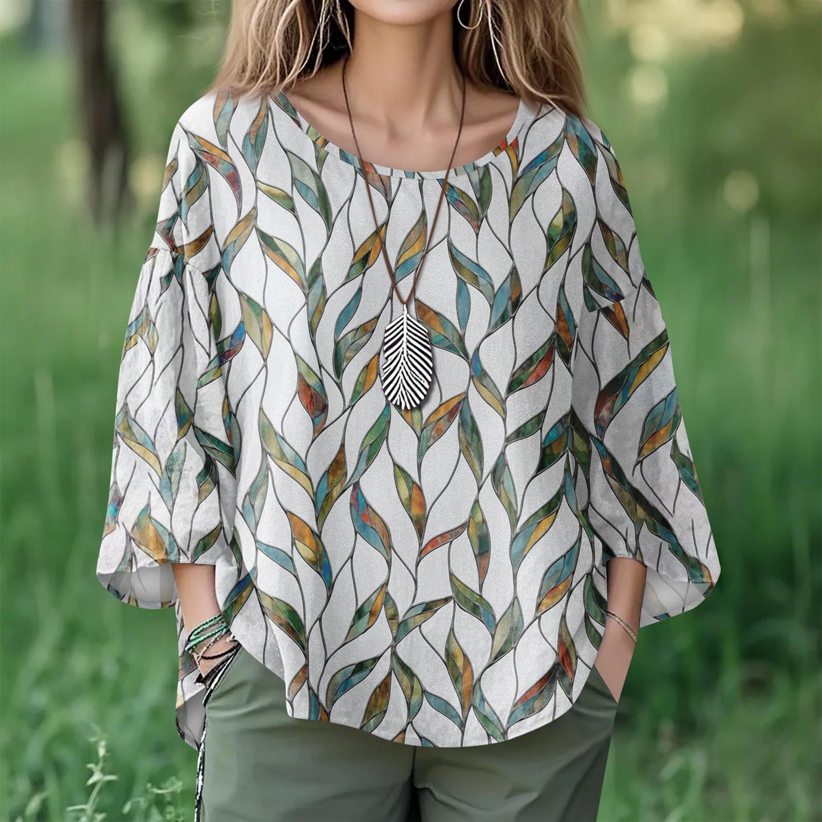 

Summer Tops For Women Cute O Neck 3/4 Sleeve Blouses Floral Print Top Casual Shirts S