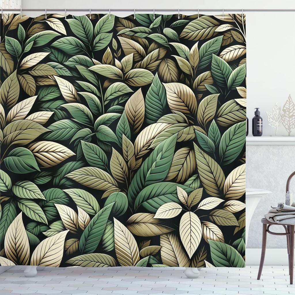 Olive Green Shower Curtain, Modern Forest Boho Leaves With Nature Colors Bohemian Exotics, Cloth Fabric Bathroom Decor