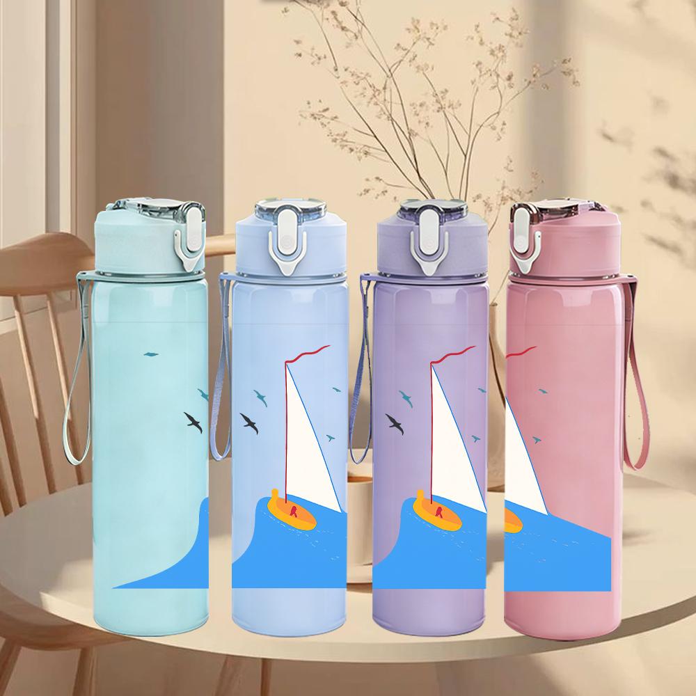 1PC Blue Sea Sailboat Minimalist 750ml Color Plastic Sports Water Bottle Leakproof Flip Straw Lid Suitable for Sports Office Home Use