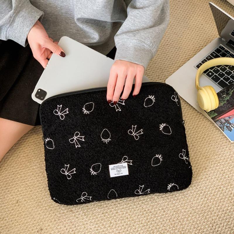 Plush Bow Strawberry Laptop Sleeve Case 13/14 Inch Notebook Bag For Macbook Air Pro Lenovo Hp 11 Inch Tablet Pouch For Ipad