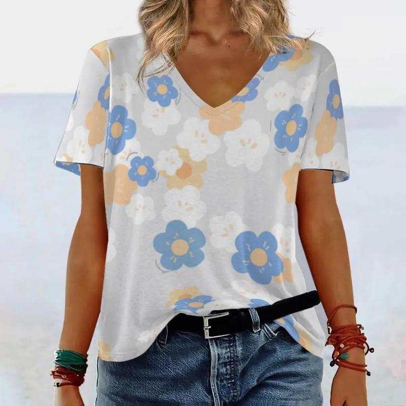 

Женский топ с V-образным вырезом, свободного кроя, с освежающим цветочным принтом, темпераментный, для работы, футболка с короткими рукавами 5XL