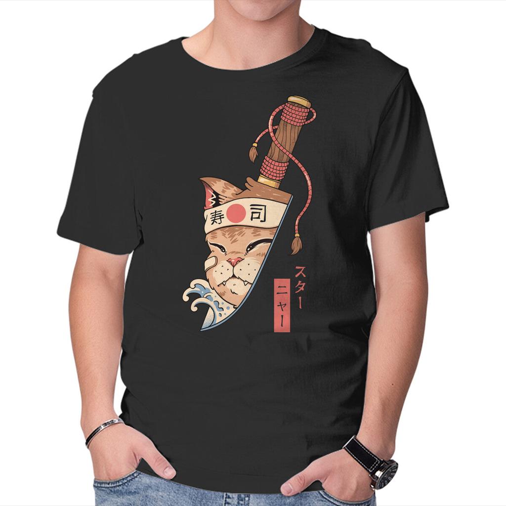 Unisex Crew Neck T-Shirt Catana Blade Meowster Graphic Short Sleeve Casual Tee